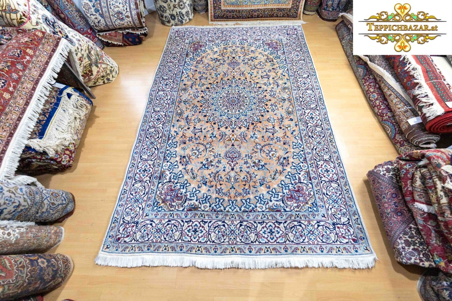 W1(#309) ca. 296x193cm Handgeknüpfter Nain Teppich Perserteppich mit Seide 12la Braun/Rost