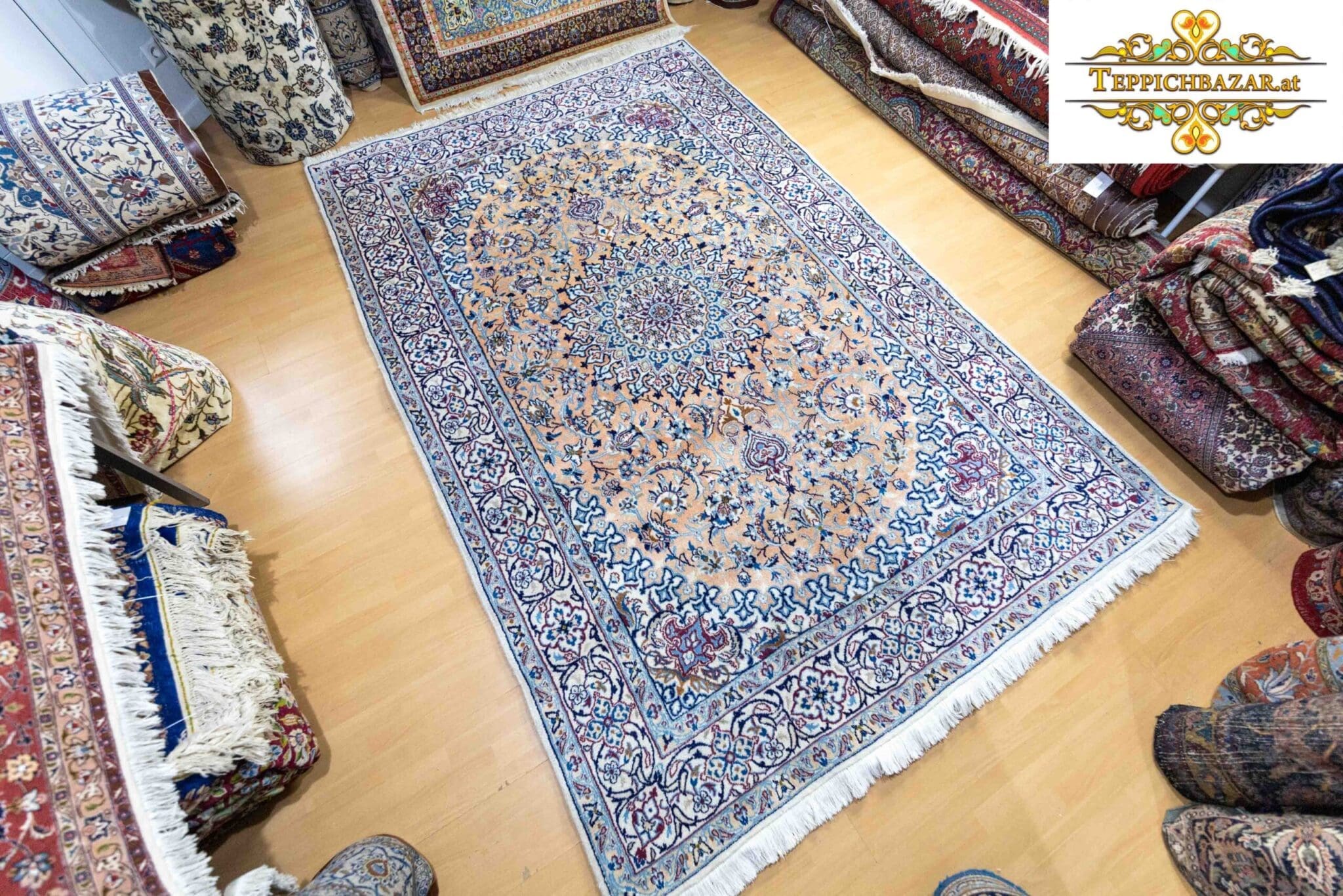 W1(#309) ca. 296x193cm Handgeknüpfter Nain Teppich Perserteppich mit Seide 12la Braun/Rost