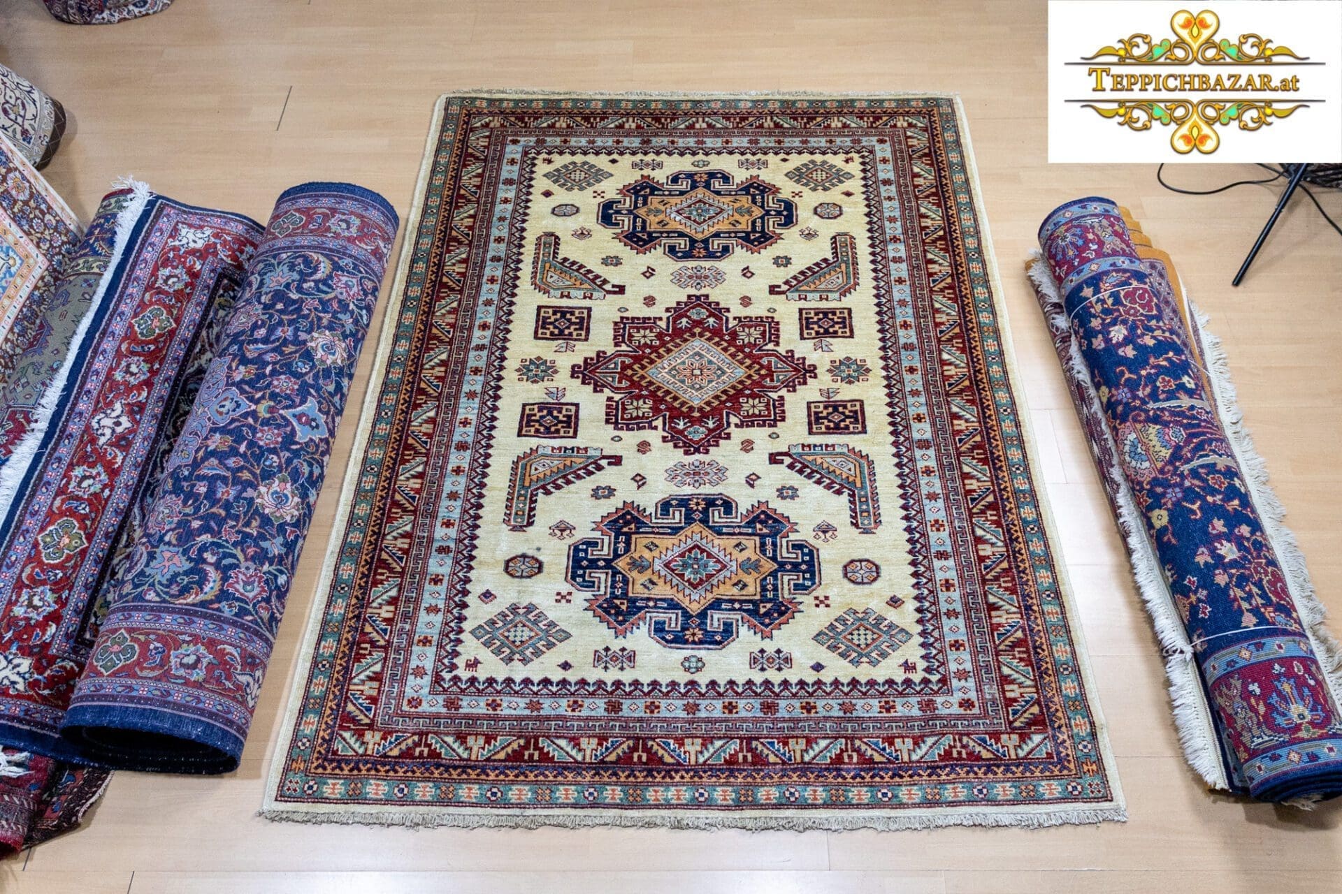 (Verkauft) W1(#335) 199×149cm Handgeknüpfter Kazak Orientteppich Naturfarben