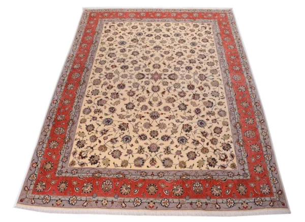 Neuer Handgeknüpfter Orientteppich Tabriz 50 Rag, 396 x 295 cm, Florales Muster in Beige H1