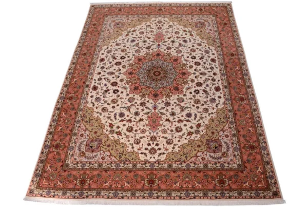 Neu Handgeknüpfter Orientteppich Tabriz 50 Rag, 400 x 300 cm, Florales Design in Beige H1