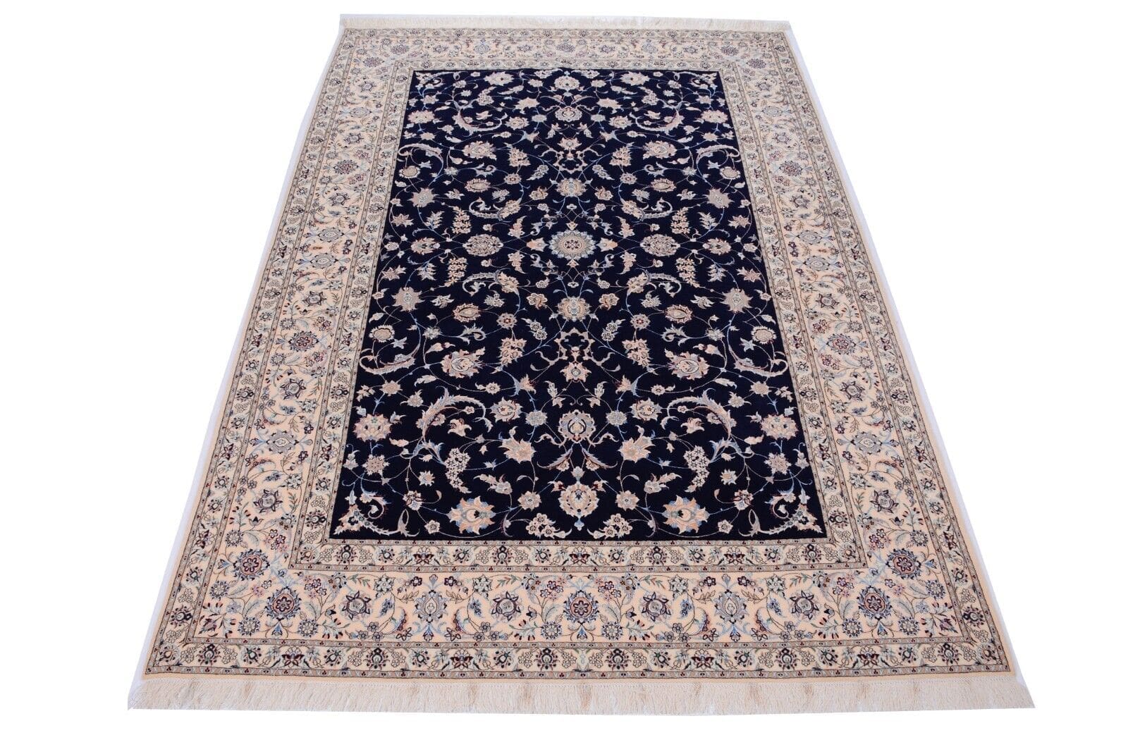 Nain 6La 307x207 cm handgeknüpfter Orientteppich mit Seide, durchgemustert in Blau