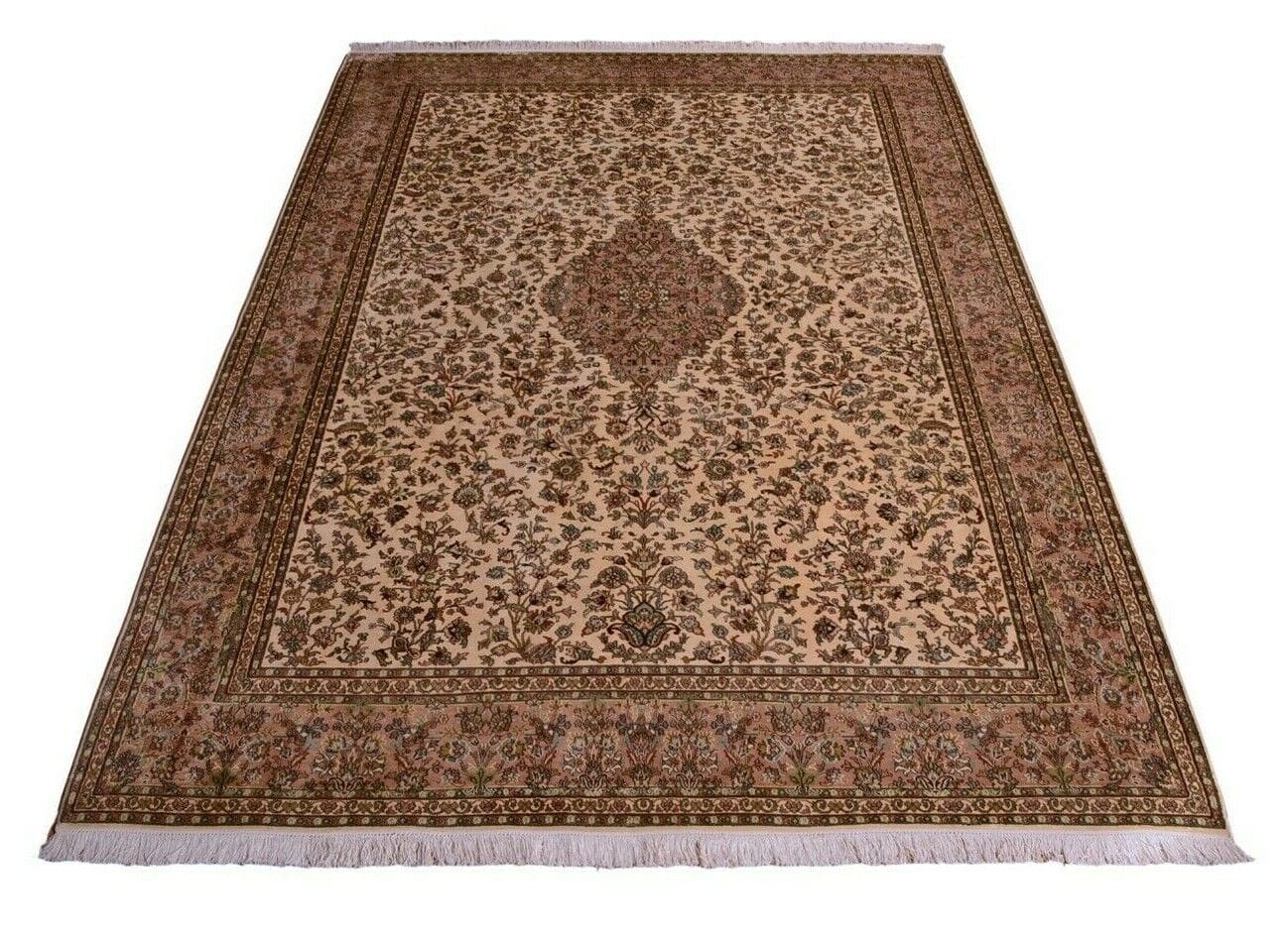 Neuer handgeknüpfter Orientteppich aus 100% Kashmir-Seide in Beige, 310 x 219 cm