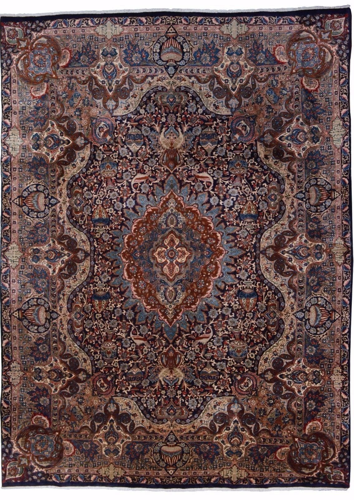 Handgeknüpfter Perserteppich mit Vasenmotiv aus Kashmar, 402 x 286 cm, in Blau – Lagerverkauf