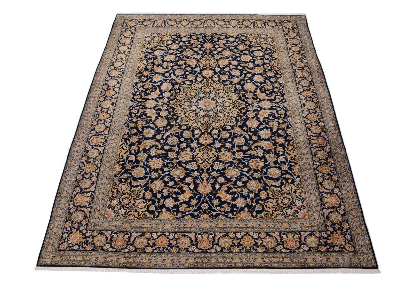 Kashan Orientteppich 391 x 300 cm, handgeknüpft, Perserteppich mit Medaillon in Blau, neu