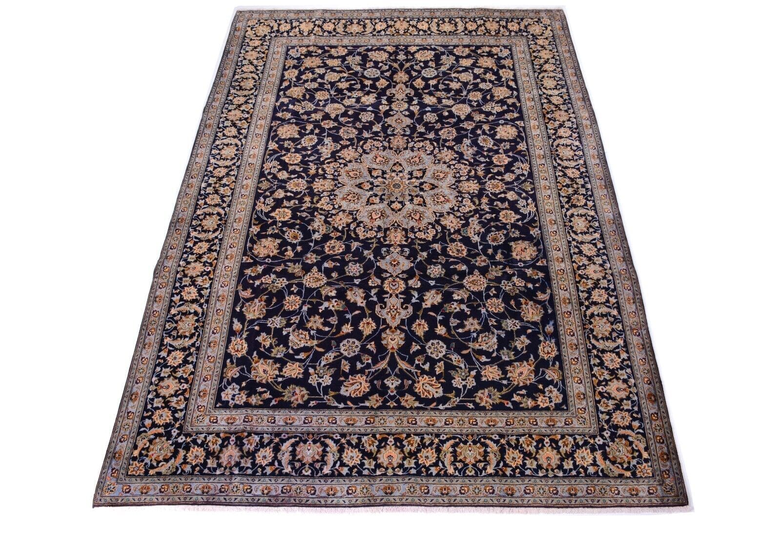 Kashan Orientteppich 406 x 280 cm, handgeknüpft, Perserteppich mit Medaillon in Blau