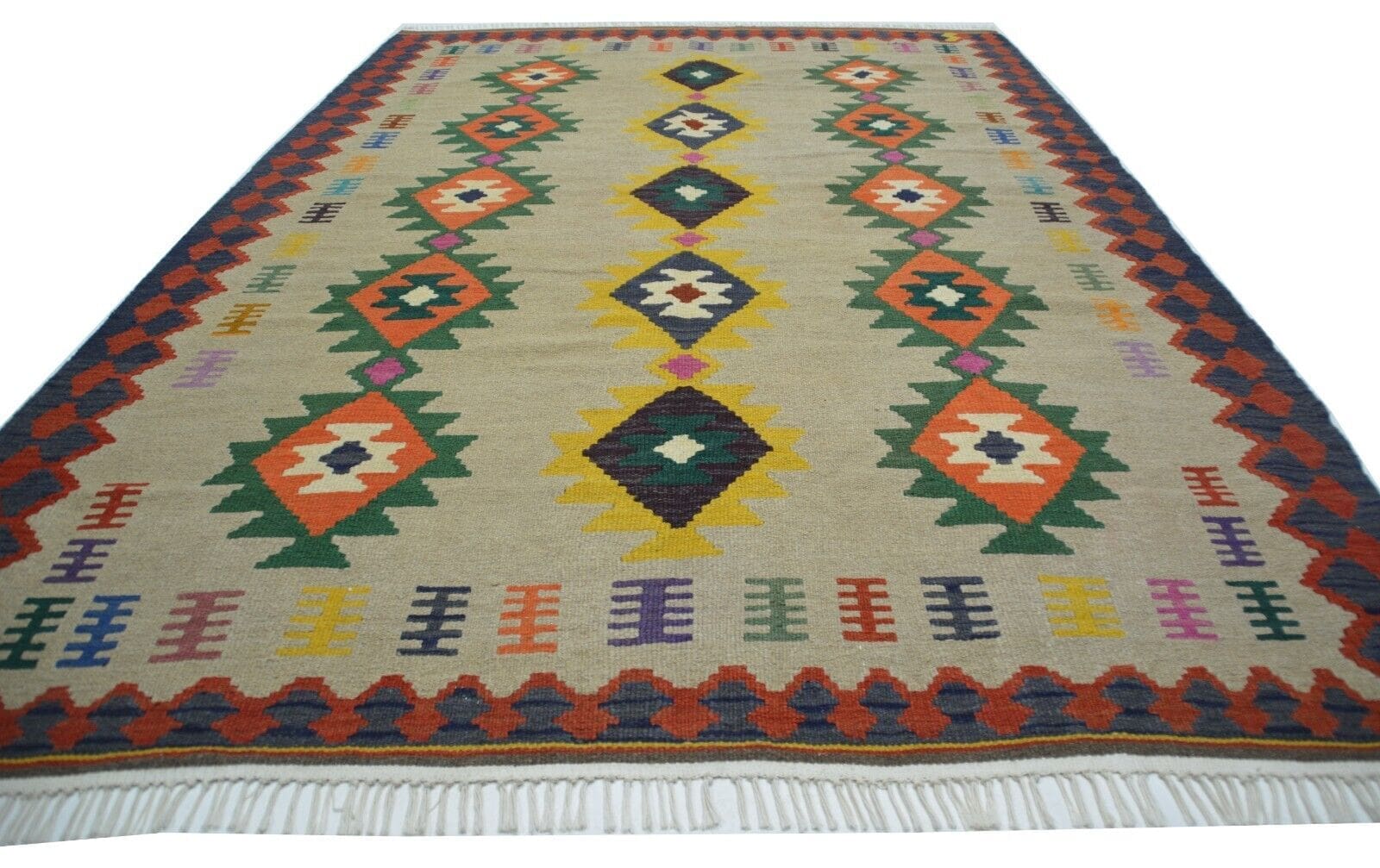 Handgewebter Ghashgai Kelim Teppich aus Wolle in Naturfarbe, 293 x 198 cm