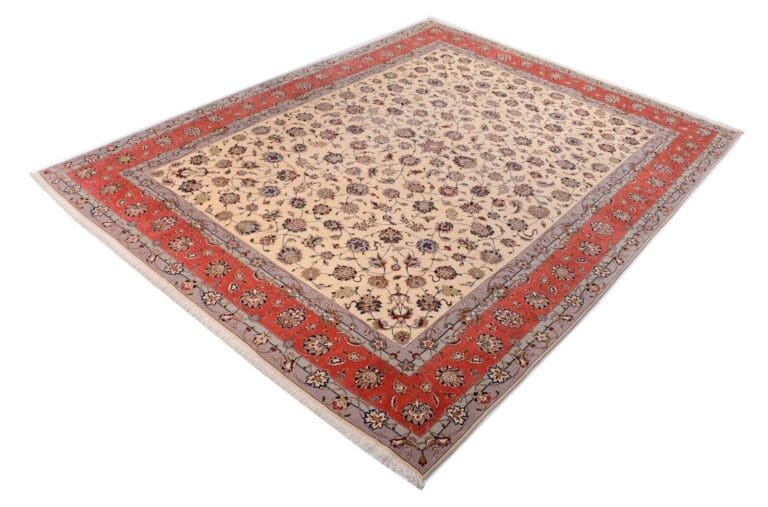 Neuer Handgeknüpfter Orientteppich Tabriz 50 Rag, 396 x 295 cm, Florales Muster in Beige H1