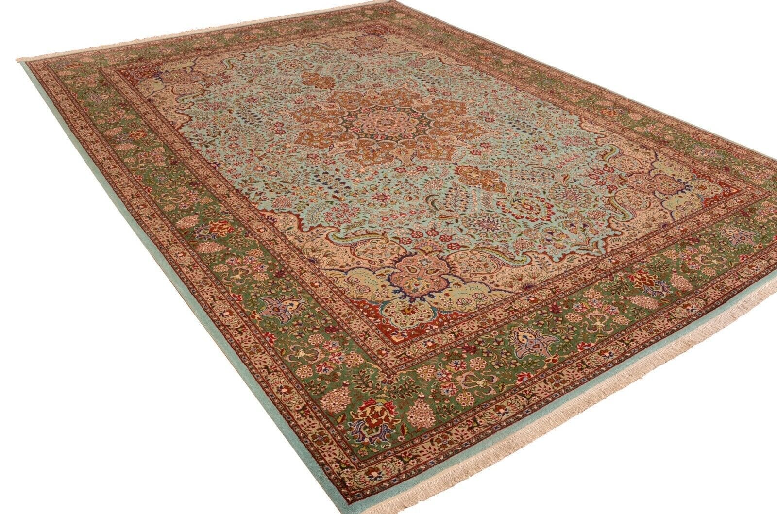 Handgeknüpfter Perserteppich in Türkis aus Tabriz, signiert, 343x255 cm, Woll-Orientteppich