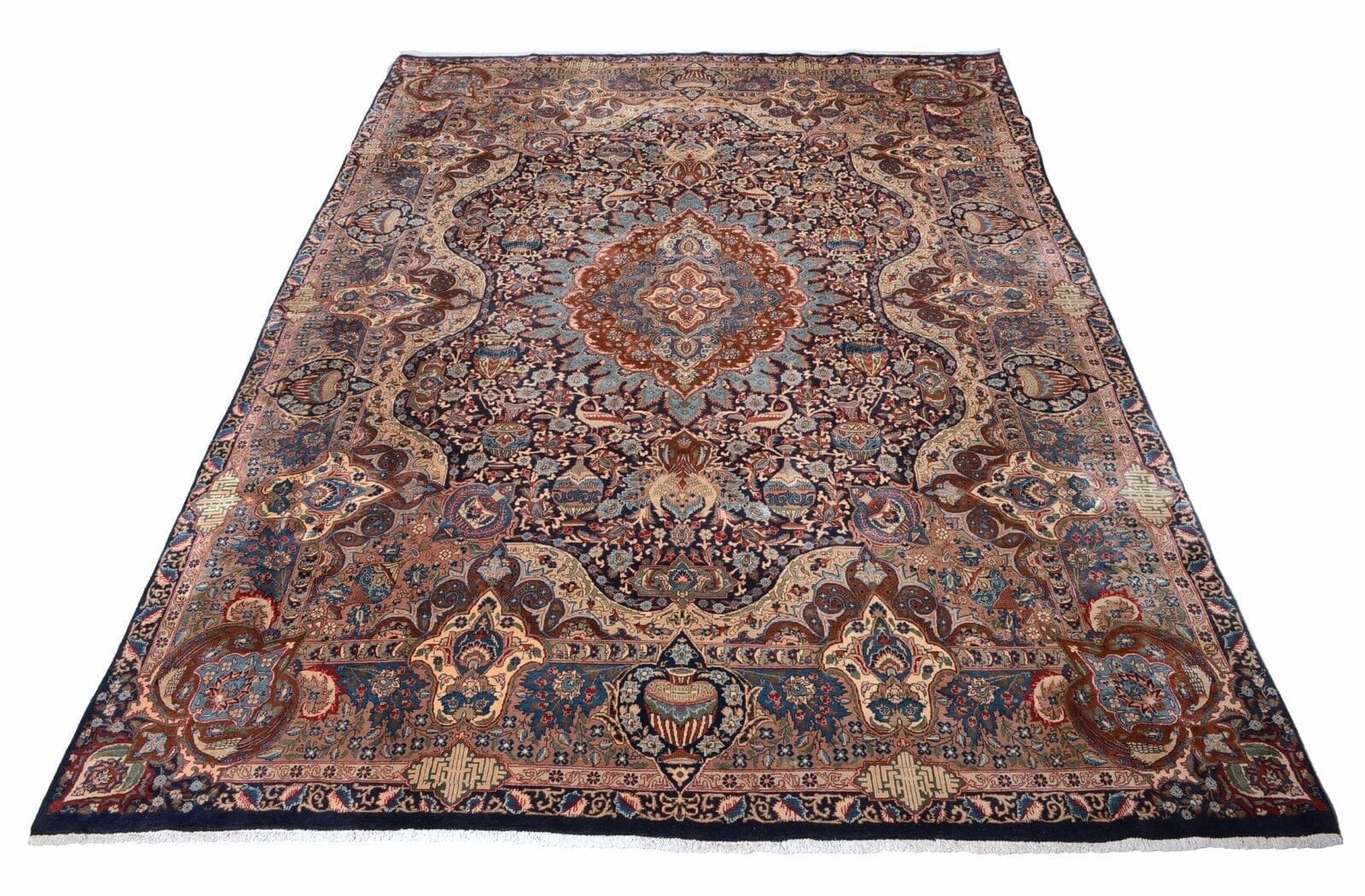 Handgeknüpfter Perserteppich mit Vasenmotiv aus Kashmar, 402 x 286 cm, in Blau – Lagerverkauf