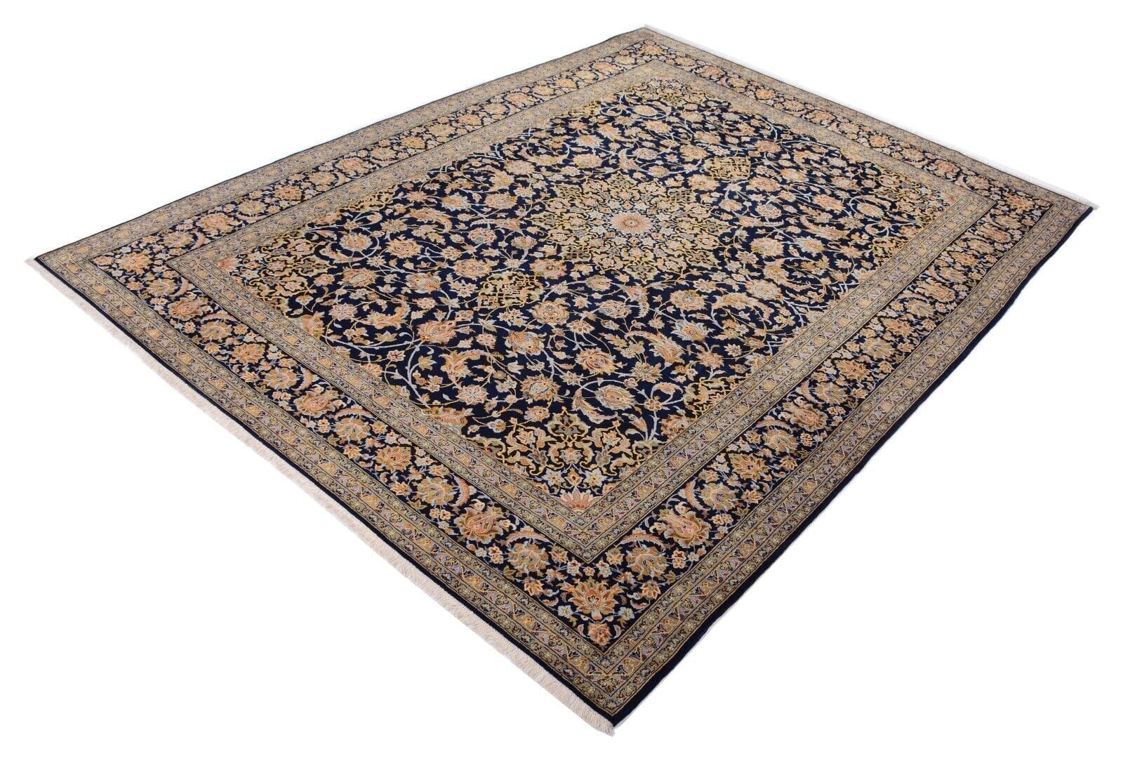 Kashan Orientteppich 391 x 300 cm, handgeknüpft, Perserteppich mit Medaillon in Blau, neu
