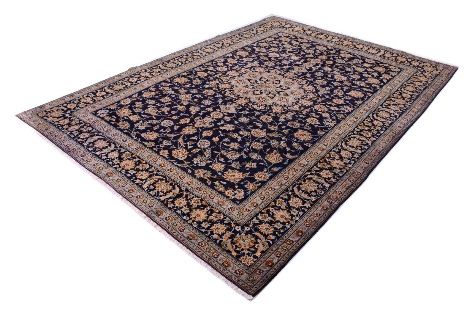 Kashan Orientteppich 406 x 280 cm, handgeknüpft, Perserteppich mit Medaillon in Blau