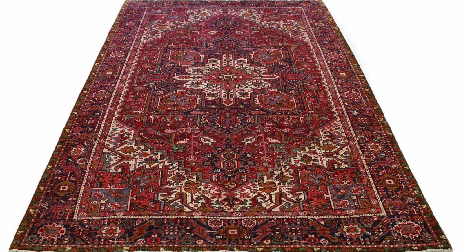 Klassischer Perserteppich Heriz Rot 400x270 cm – Geometrisches Design mit Medallion – Handgeknüpft und geprüft – 30-50 Jahre alt – handgeknüpft, Perserteppich