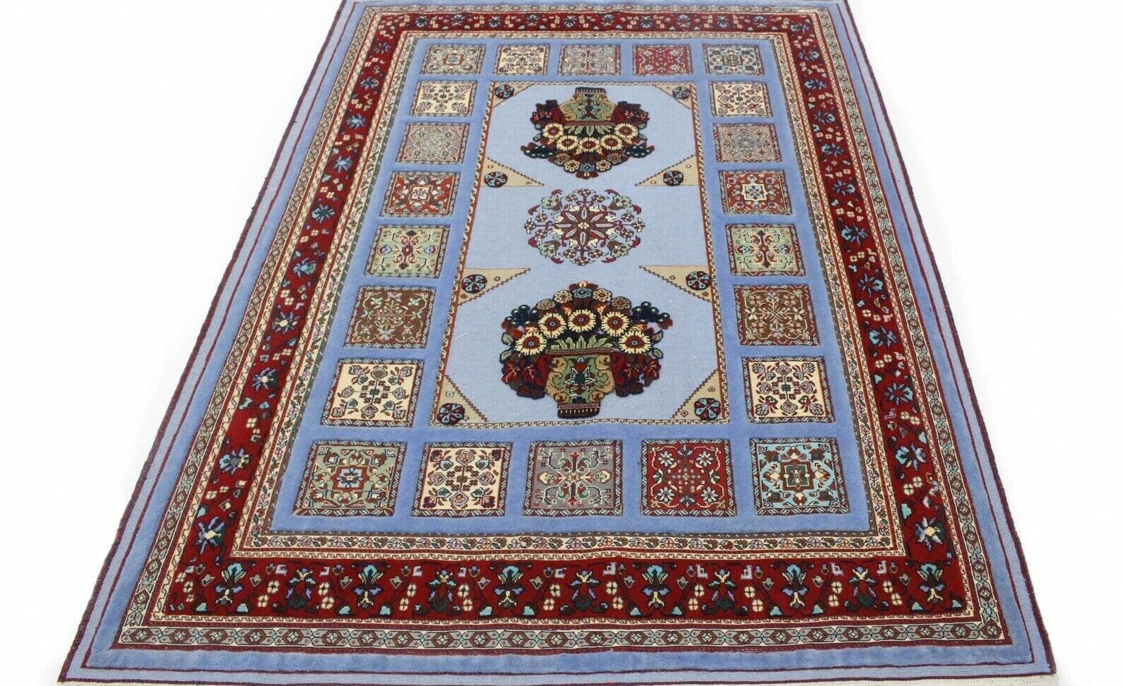 Klassischer Orientteppich Kelim Hellblau 240x180 cm - Geometrisches Muster mit Medallion und roter Bordüre, Kurzflor, handgewebt