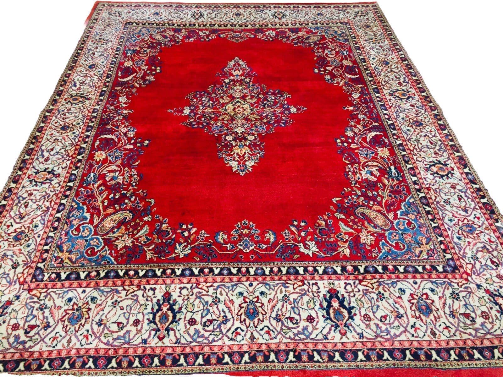 Perserteppich 370x280 cm - Sarough Design mit Spiegel Muster, florales Rot, TOP Zustand, handgeknüpft