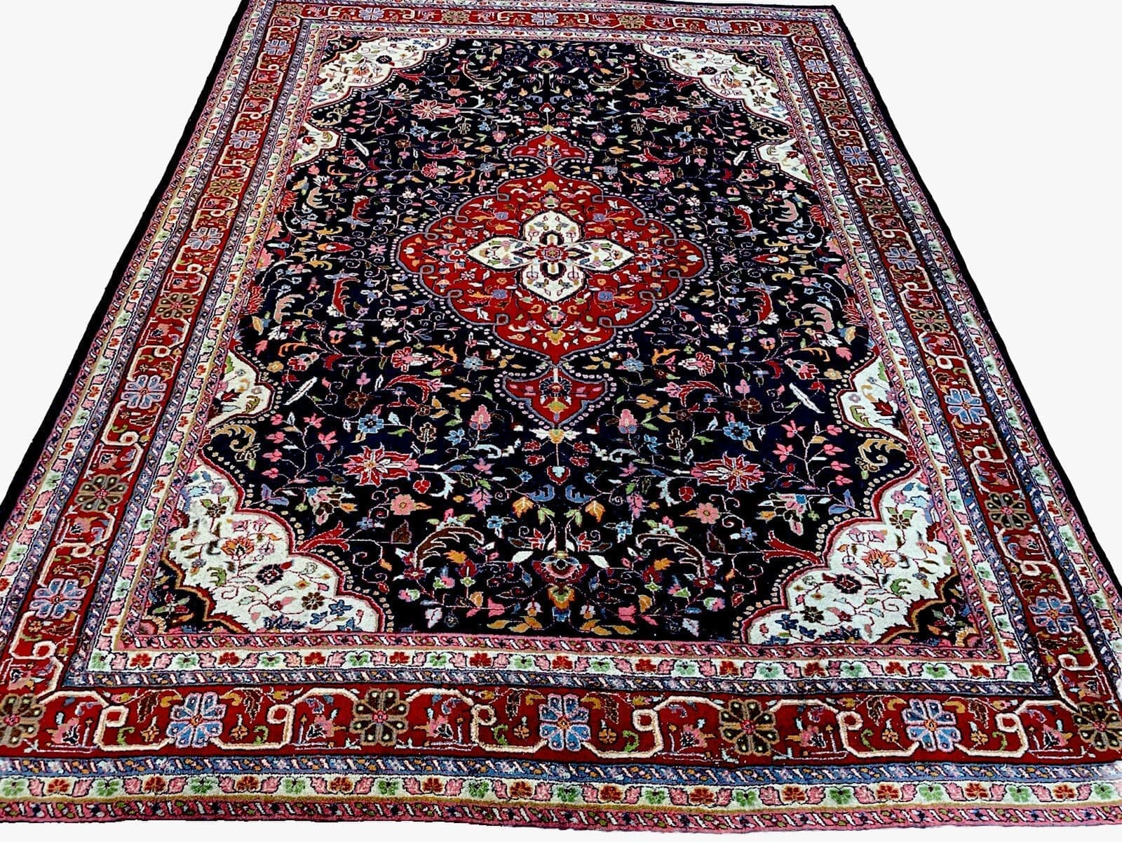 Klassischer Perserteppich Sarough 350x250cm – Florales Design in schöner blauer Farbe, strapazierfähig und handgeknüpft