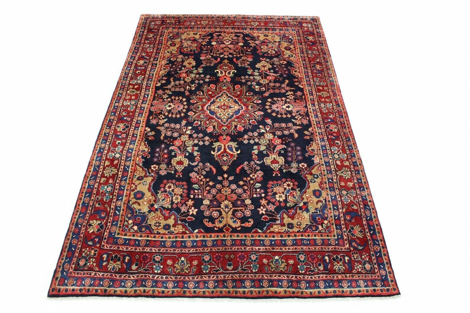 Klassischer Orientteppich Hamadan Blau 330x210 cm – Florales Design