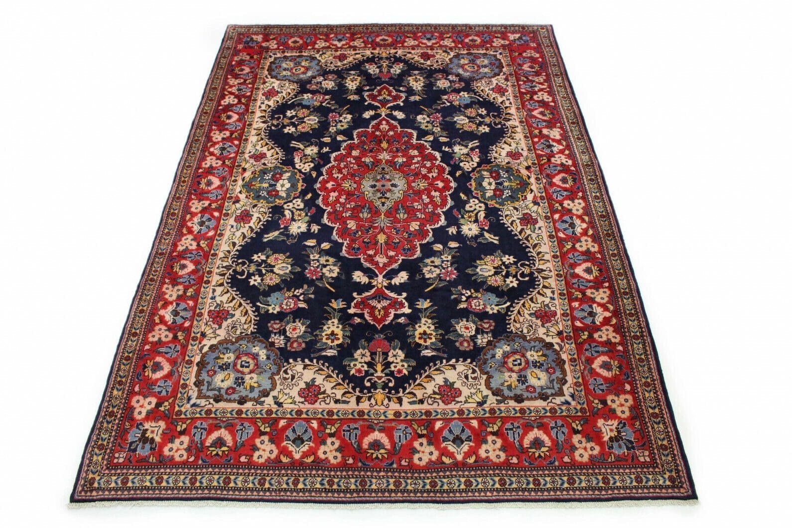 Klassischer Orientteppich Hamadan 300x210 cm – Rote Bordüre, florales Design mit Medallion, handgeknüpft, Perserteppich