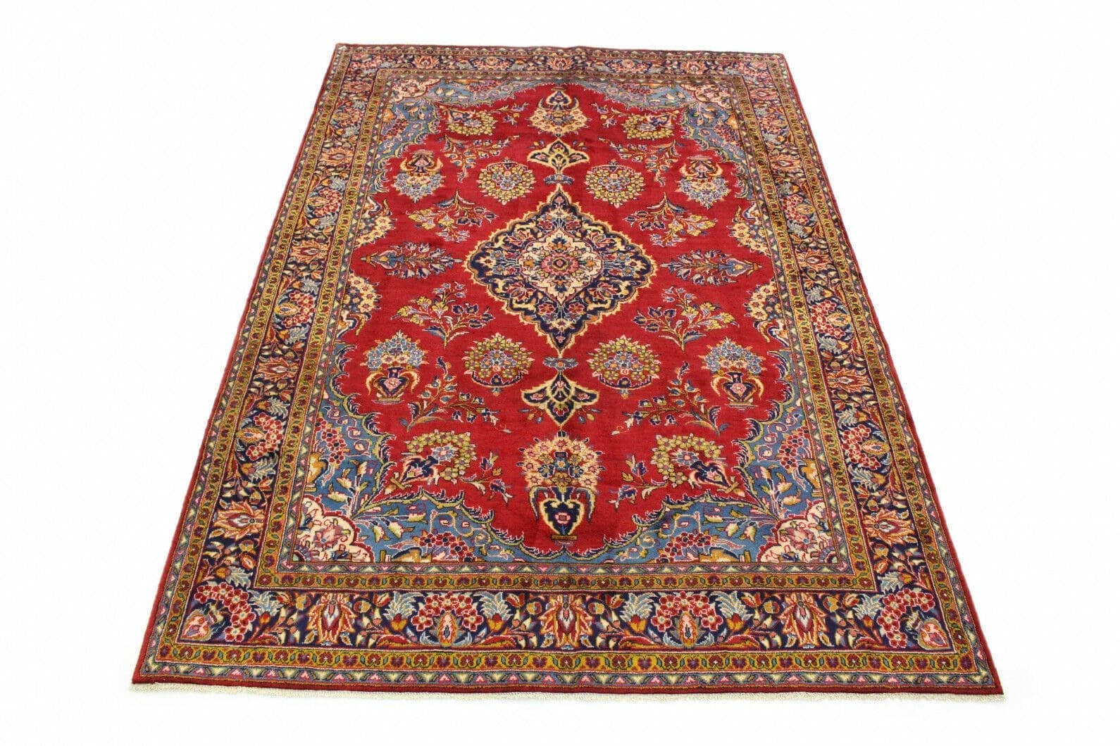 Klassischer Orientteppich Sarough Rot mit Blau 314x218cm – Florales Design mit Medallion, dekorierte Ecken, traditionelles Muster, handgeknüpft, Perserteppich