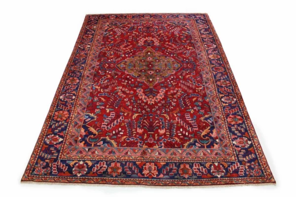 Klassischer Orientteppich Lilian Rot Blau 350x240 cm – Florales Design mit Medallion und dekorierten Ecken, handgeknüpft, Perserteppich
