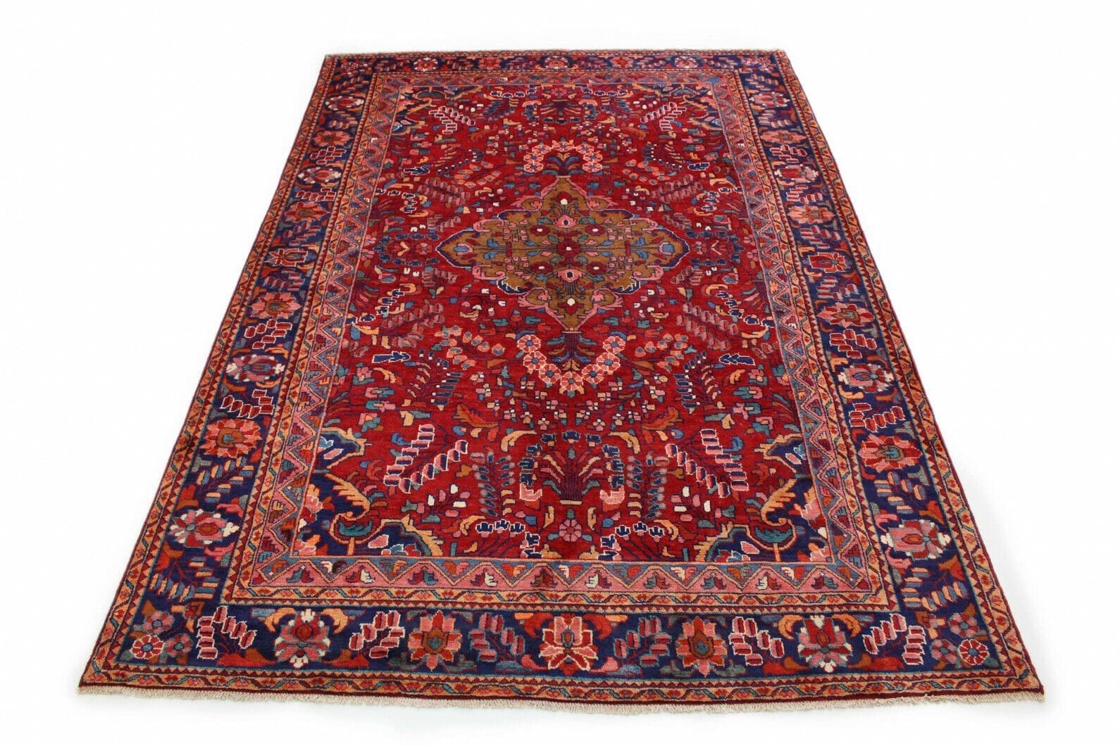 Klassischer Orientteppich Lilian Rot Blau 350x240 cm – Florales Design mit Medallion und dekorierten Ecken, handgeknüpft, Perserteppich