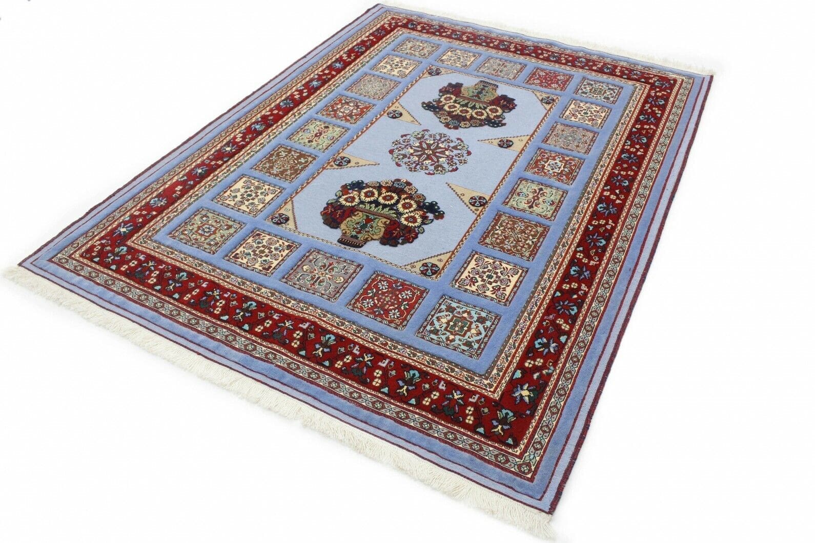 Klassischer Orientteppich Kelim Hellblau 240x180 cm - Geometrisches Muster mit Medallion und roter Bordüre, Kurzflor, handgewebt