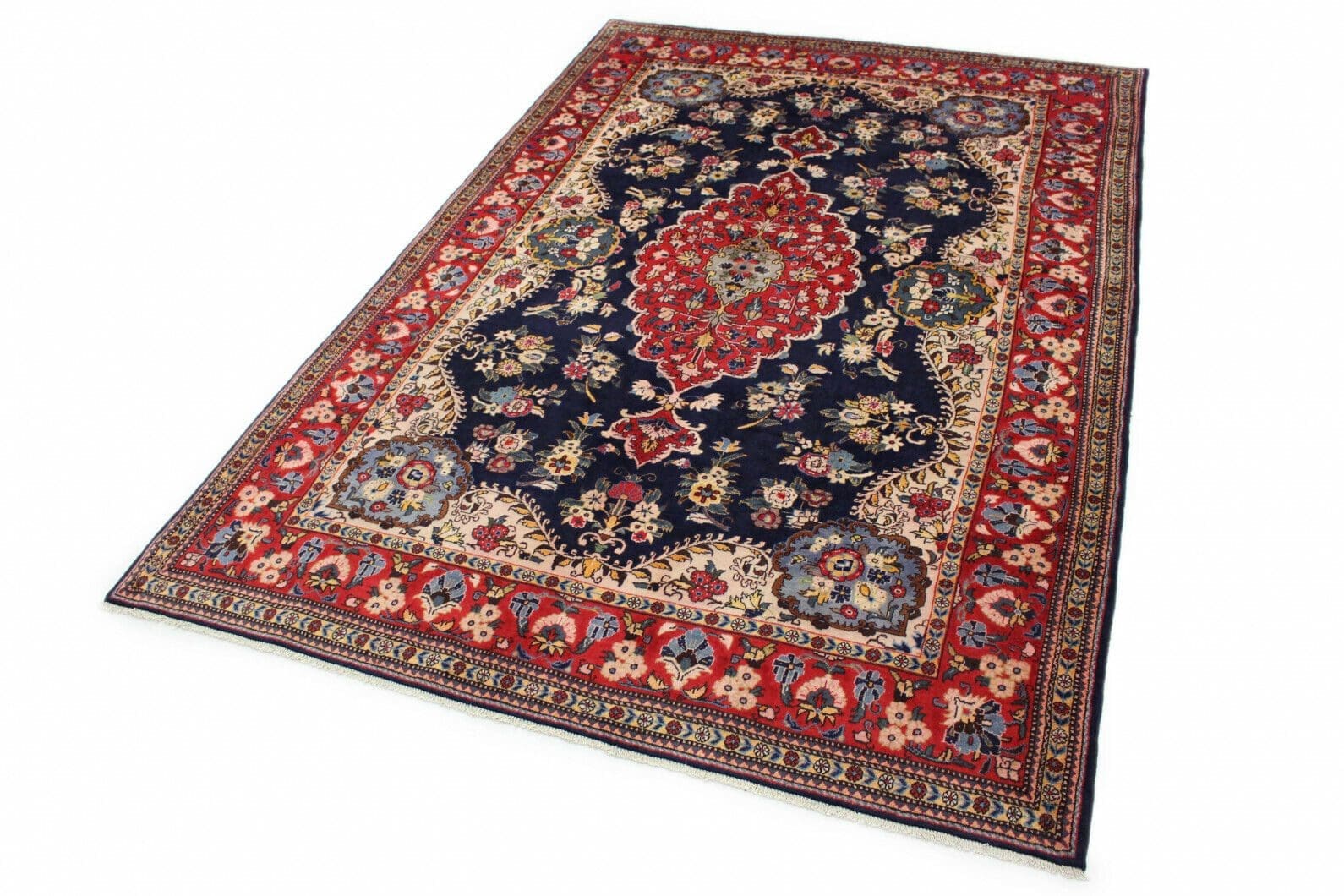 Klassischer Orientteppich Hamadan 300x210 cm – Rote Bordüre, florales Design mit Medallion, handgeknüpft, Perserteppich
