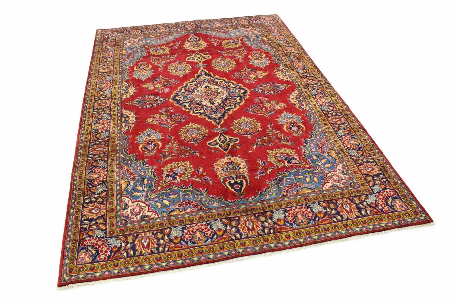 Klassischer Orientteppich Sarough Rot mit Blau 314x218cm – Florales Design mit Medallion, dekorierte Ecken, traditionelles Muster, handgeknüpft, Perserteppich