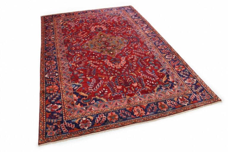 Klassischer Orientteppich Lilian Rot Blau 350x240 cm – Florales Design mit Medallion und dekorierten Ecken, handgeknüpft, Perserteppich