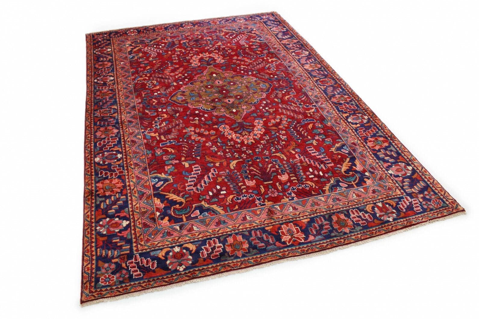 Klassischer Orientteppich Lilian Rot Blau 350x240 cm – Florales Design mit Medallion und dekorierten Ecken, handgeknüpft, Perserteppich