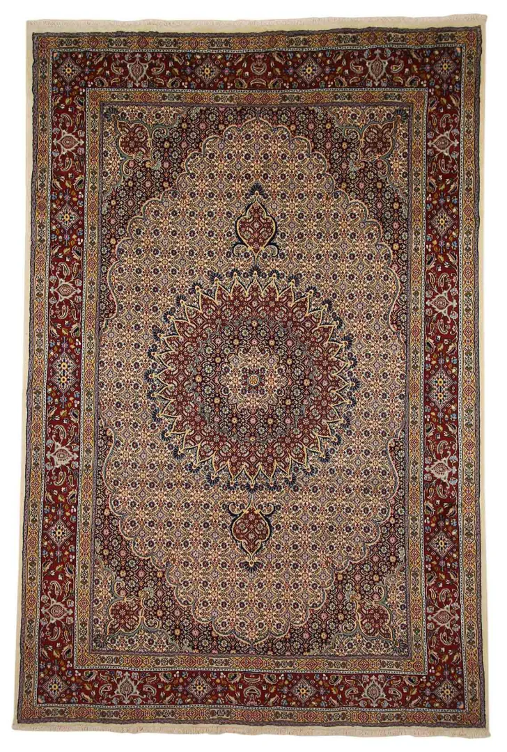 Moud Teppich 283 x 188 cm - 350.000 Knoten/m² - Medaillon, florale Muster, kräftige Farben - handgeknüpft, Perserteppich