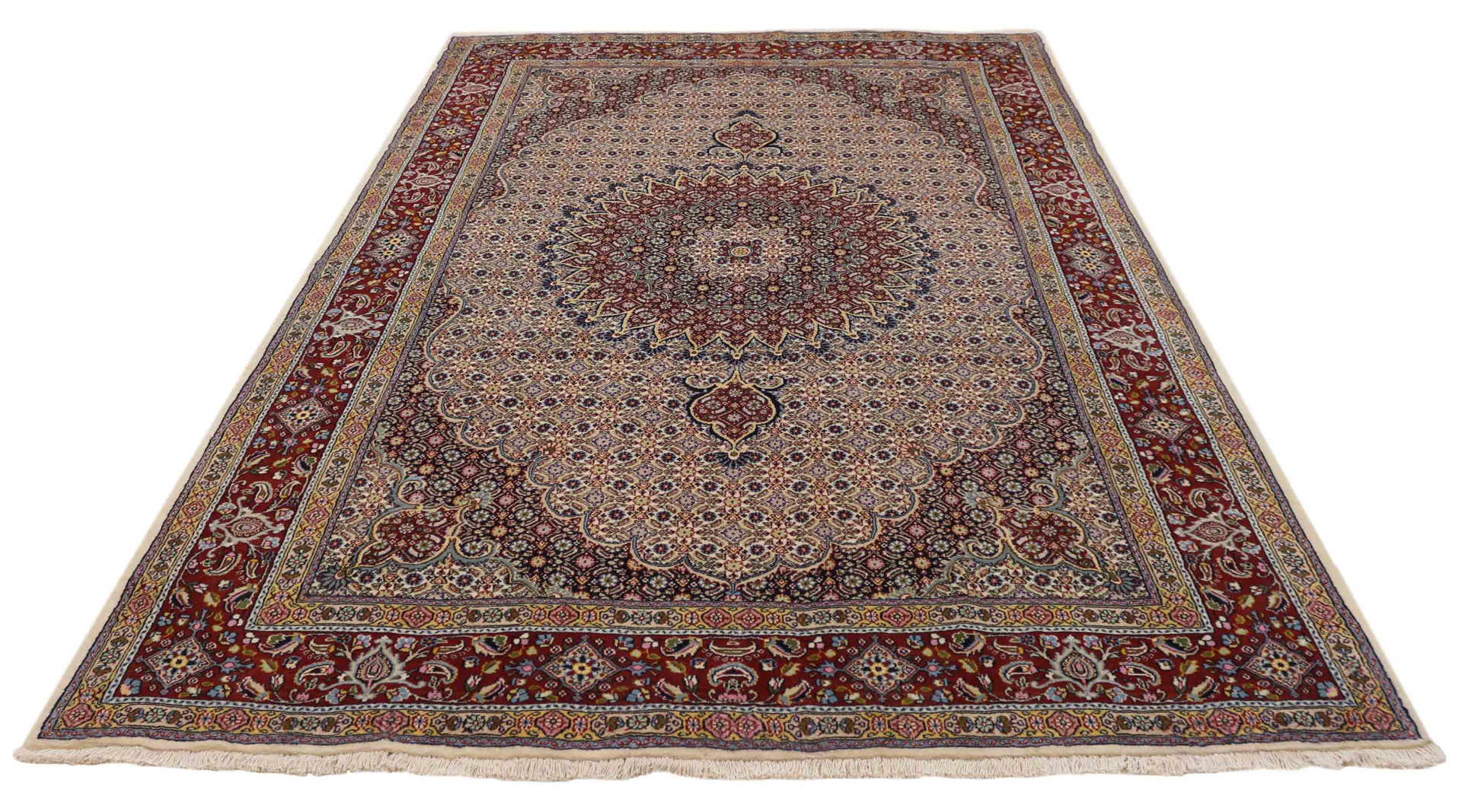 Moud Teppich 283 x 188 cm - 350.000 Knoten/m² - Medaillon, florale Muster, kräftige Farben - handgeknüpft, Perserteppich