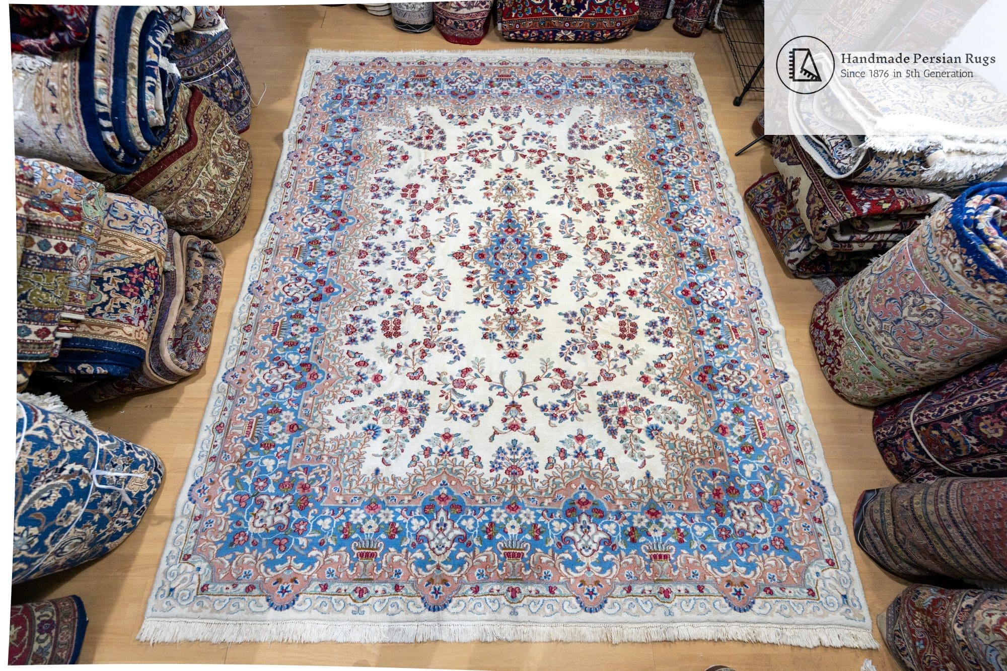 (Verkauft) W1 (#375) UNIKAT 300x245cm ORIGINAL Kirman Handgeknüpfter Perserteppich Beige/Blau
