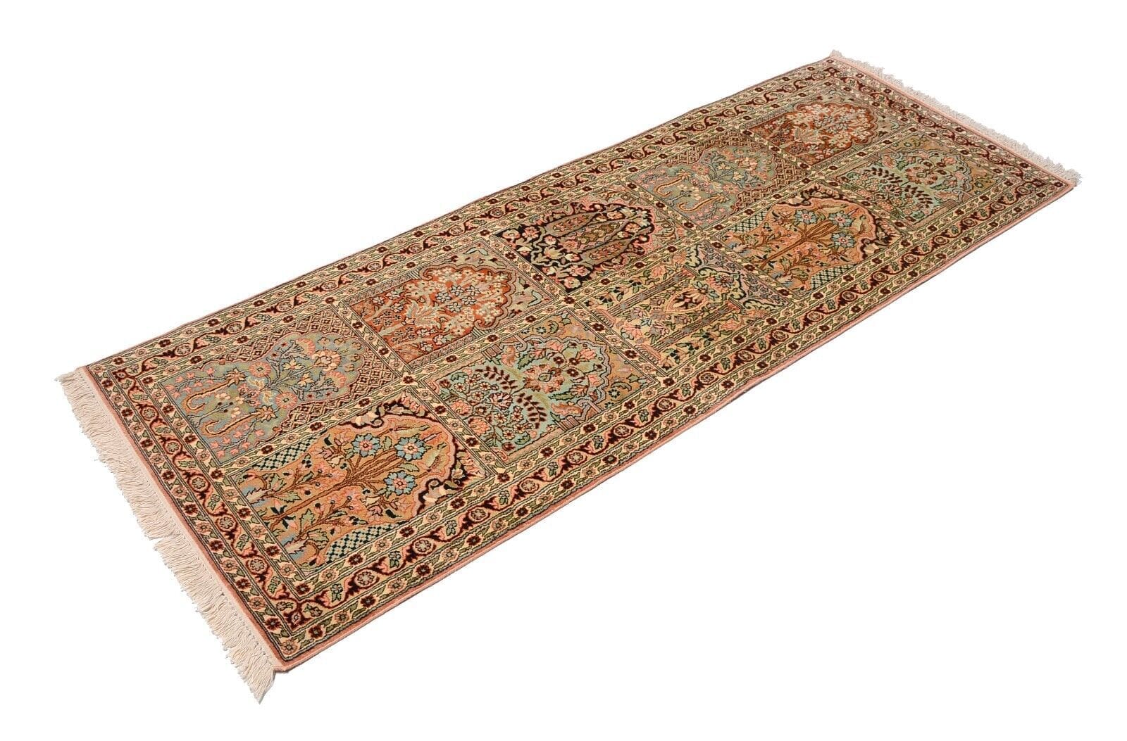 210 x 76 cm Orientteppich mit 550.000 Knoten – Floral Gartenmotiv – handgeknüpft – Kaschmir Siede Läufer
