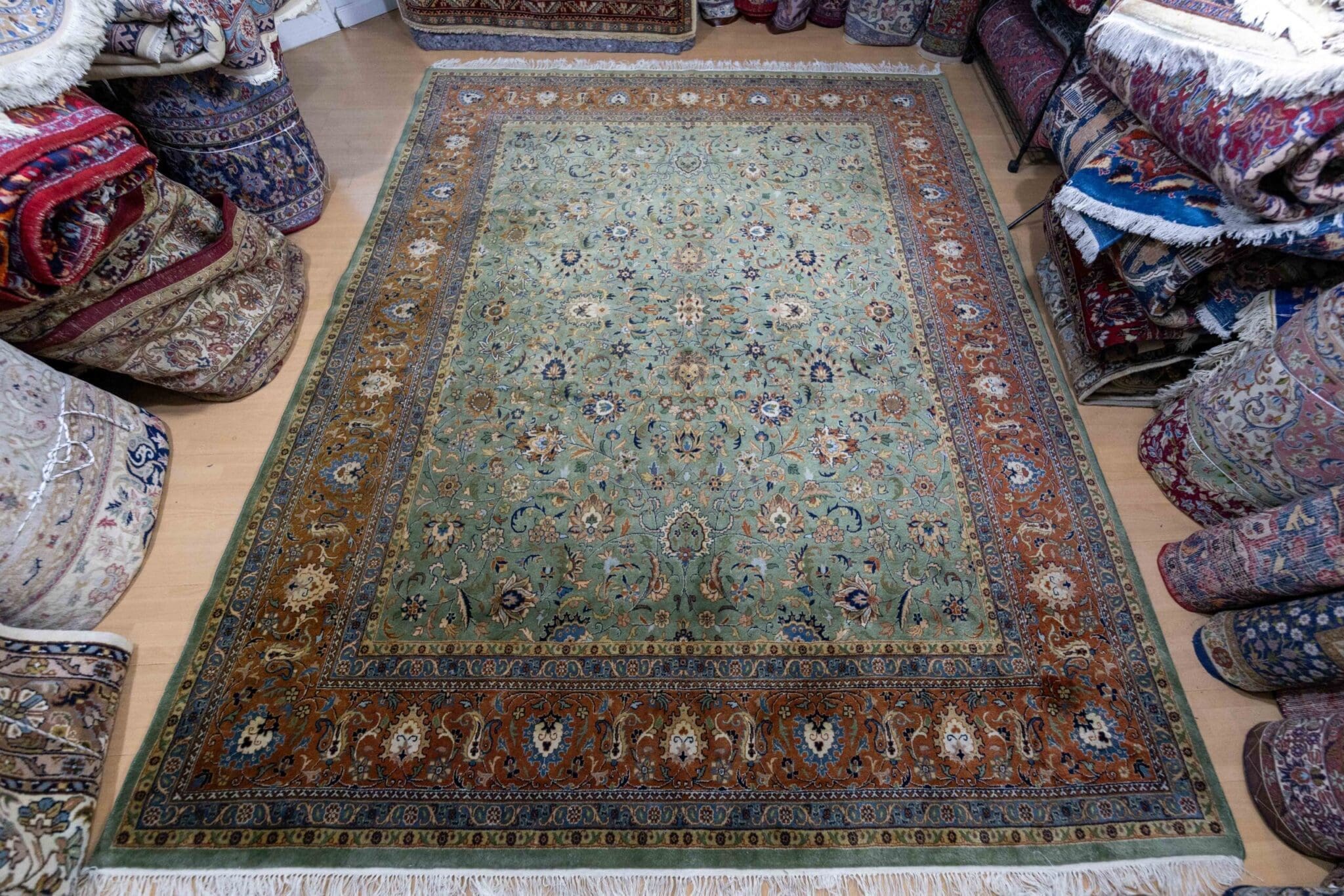W1(#402) UNIKAT 311×249cm Handgeknüpfter Orientteppich Täbriz Floral Muster - rare Farbe Grün