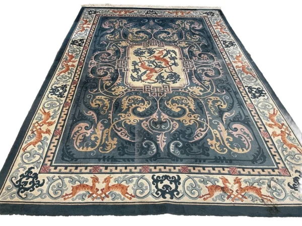 Antiker Peking Teppich 305x205 cm, 20 mm Florhöhe, reiner Schurwolle, blau-petrol, zertifiziert, handgeknüpft, Perserteppich