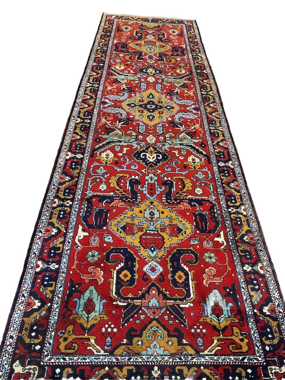 Shirwan Antik 400x115 cm, 8mm Florhöhe, Reine Schurwolle, Kazak-Stil, Handgeknüpft, Perserteppich