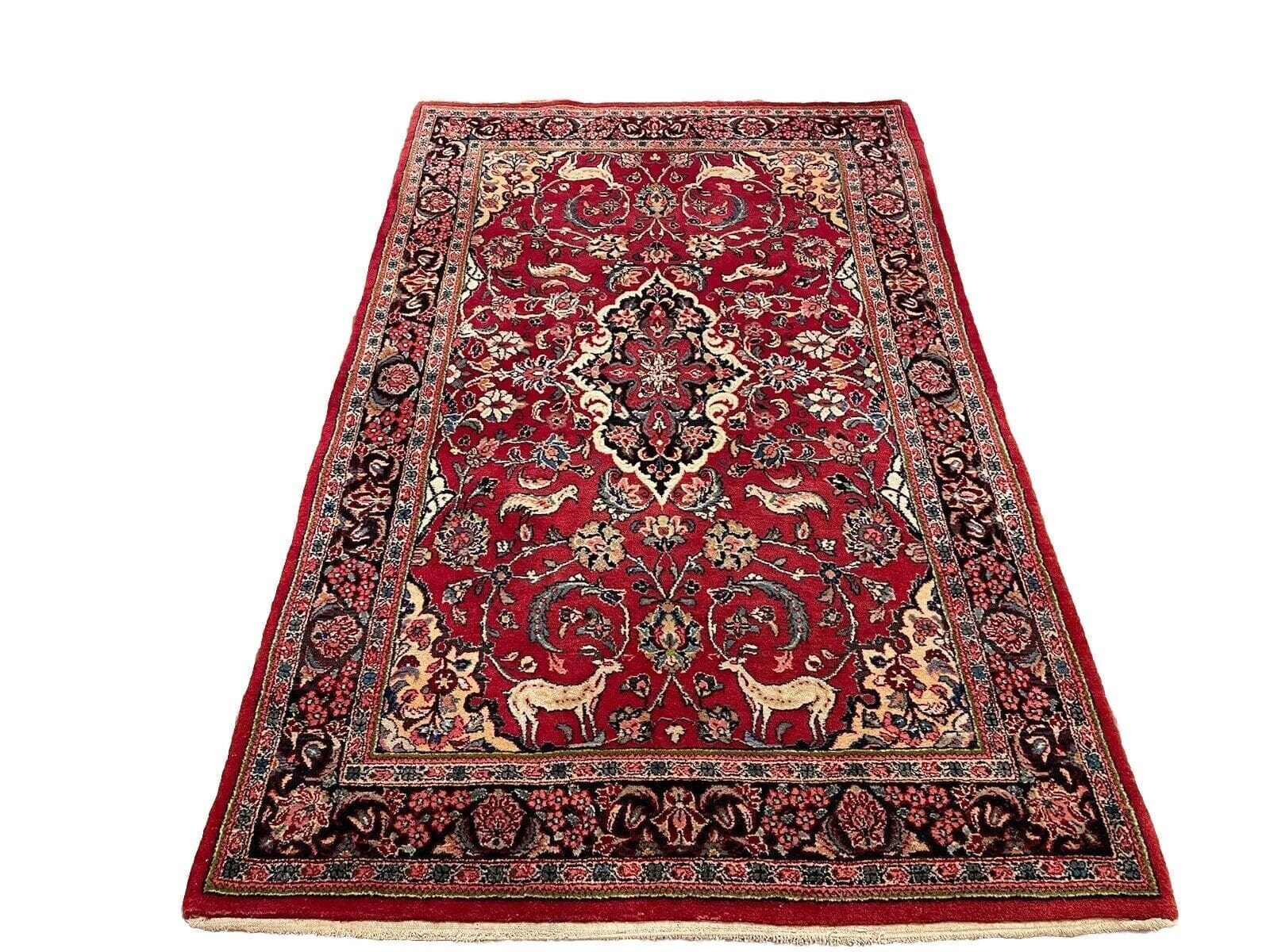Perserteppich Antiker Sarough 200x120 cm - Seltenes Design mit schönem Medallion und schmaler Rosenbordüre, traditionelles Nomaden-Design, Florhöhe 5-9mm, handgeknüpft