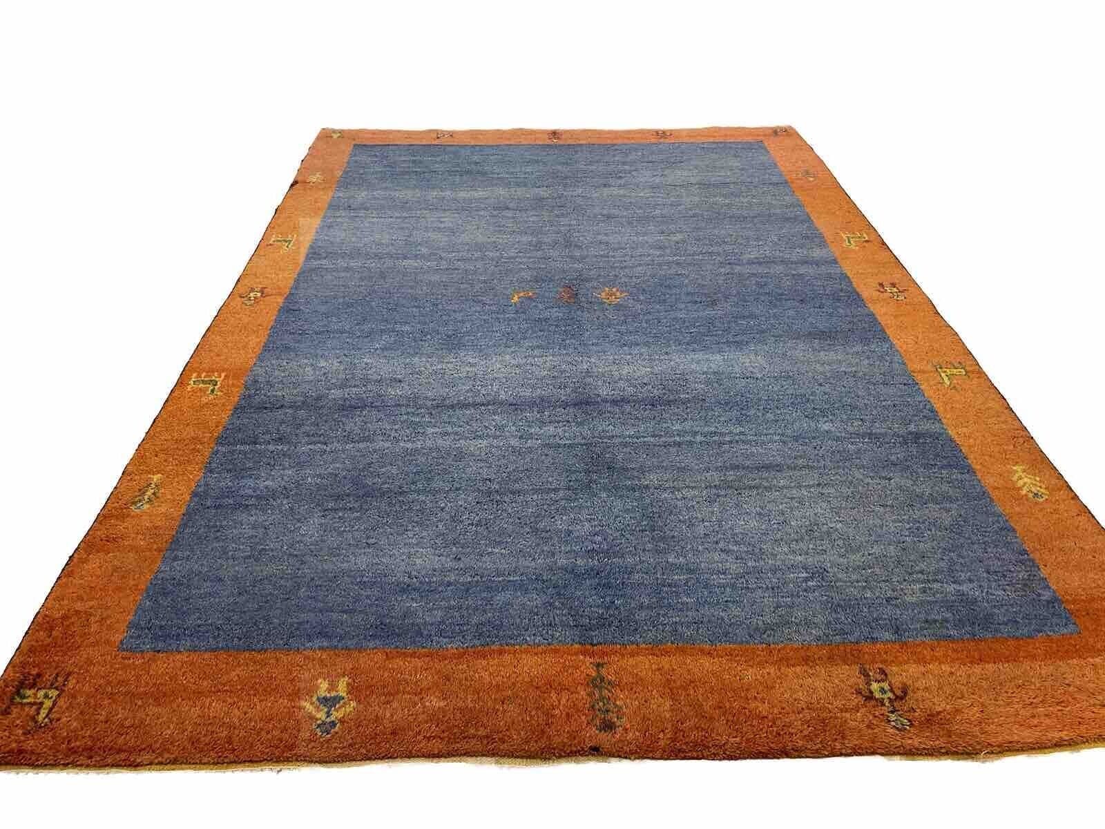 Klassischer Gabbeh Perserteppich 240x175 cm – Handgeknüpft, Hochwertige Wolle, Ideal für Fußbodenheizung, Zeitloses Blau und Orange – Handgeknüpft, Perserteppich
