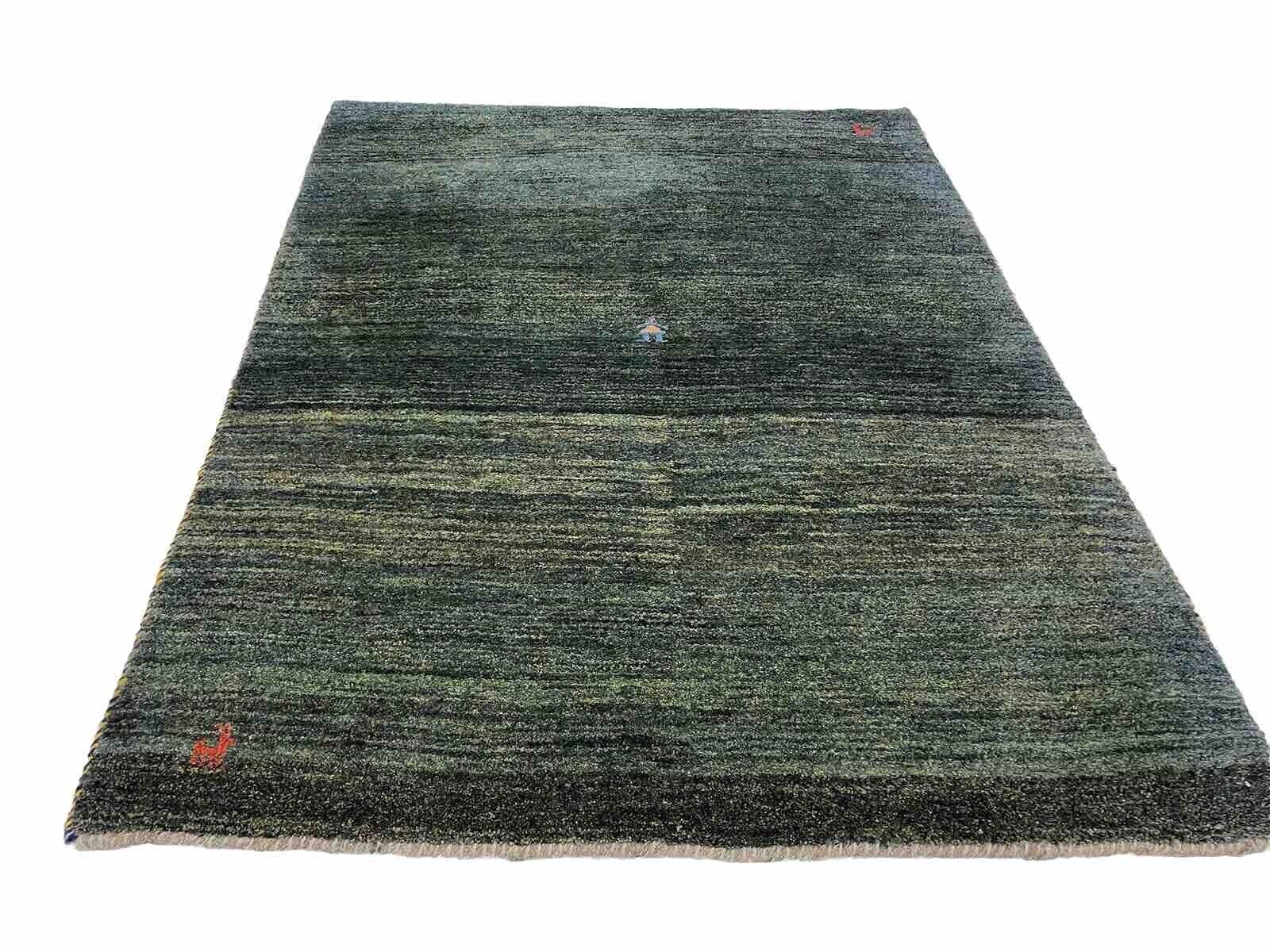 Gabeh Perserteppich 165x125 cm - Handgesponnene Schurwolle, 23mm Florhöhe, abstraktes Muster, naturfarben Grün, für Fußbodenheizungen, handgeknüpft