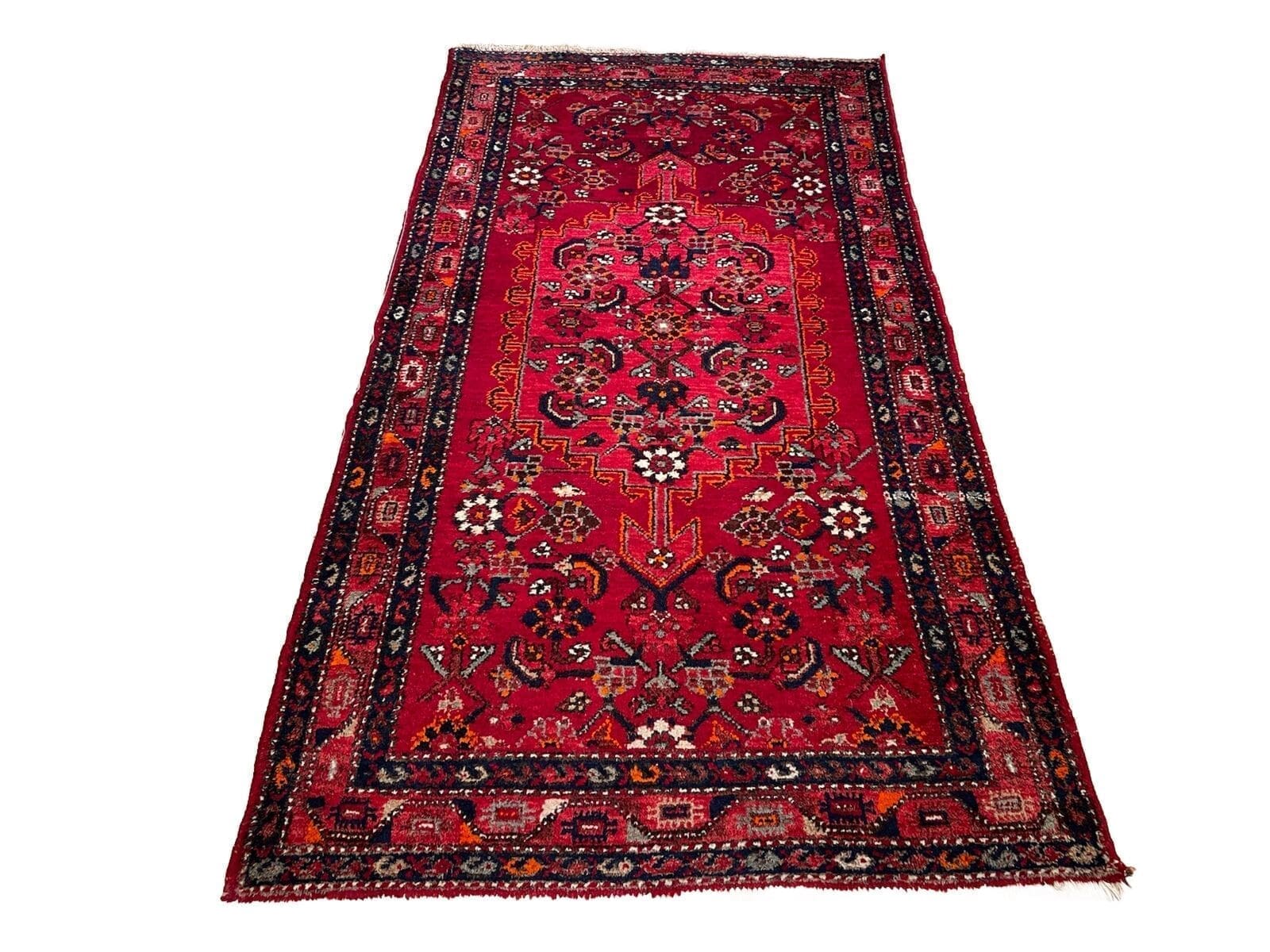 Perserteppich Antiker Hamadan 210x110 cm – Medallion-Design mit schmaler beige Bordüre, traditionelles Nomaden-Design, Florhöhe 5-9 mm, handgeknüpft