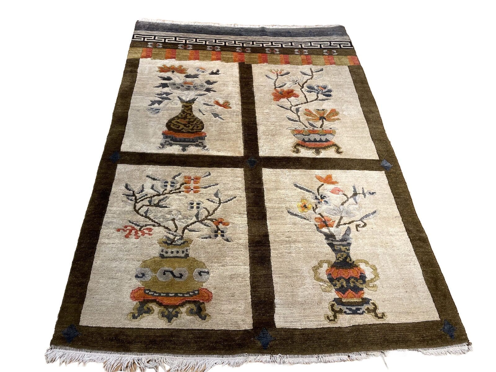 Selten Antiker Peking Perserteppich 200x135 cm – Medallion Design mit schmaler beige Bordüre, Top Qualität, handgeknüpft