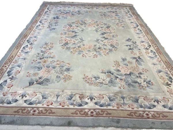 Antiker Peking Teppich 350x250 cm – Leuchtende Farben, Gobelin Design, Top Zustand, Pastell Grün – handgeknüpft, Perserteppich