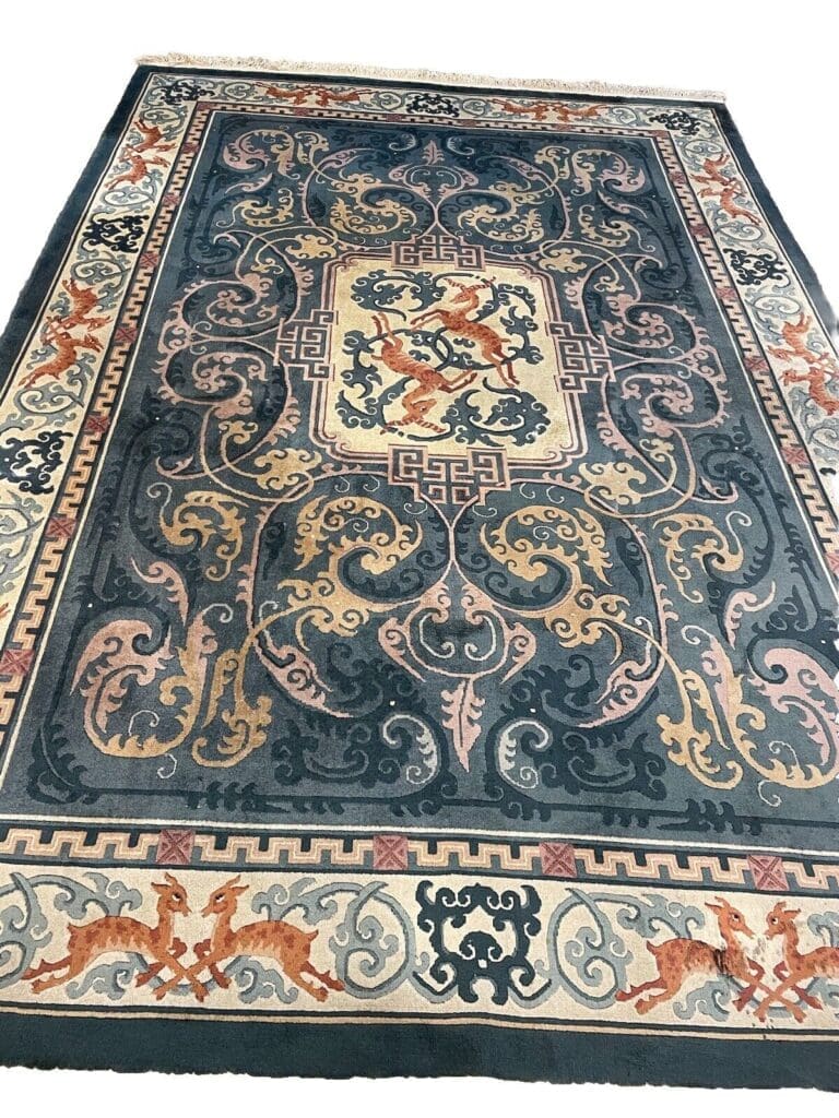 Antiker Peking Teppich 305x205 cm, 20 mm Florhöhe, reiner Schurwolle, blau-petrol, zertifiziert, handgeknüpft, Perserteppich