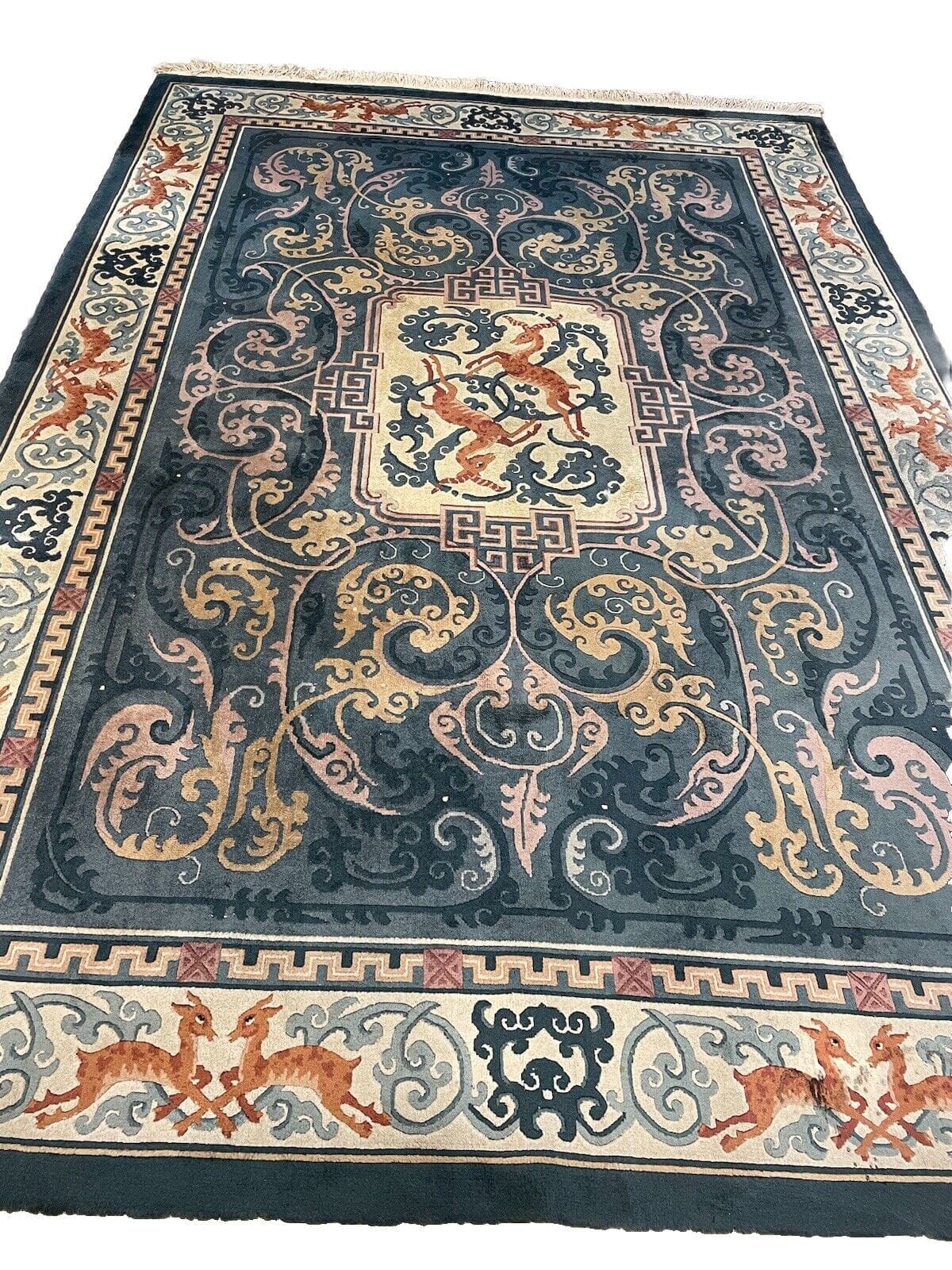 Antiker Peking Teppich 305x205 cm, 20 mm Florhöhe, reiner Schurwolle, blau-petrol, zertifiziert, handgeknüpft, Perserteppich