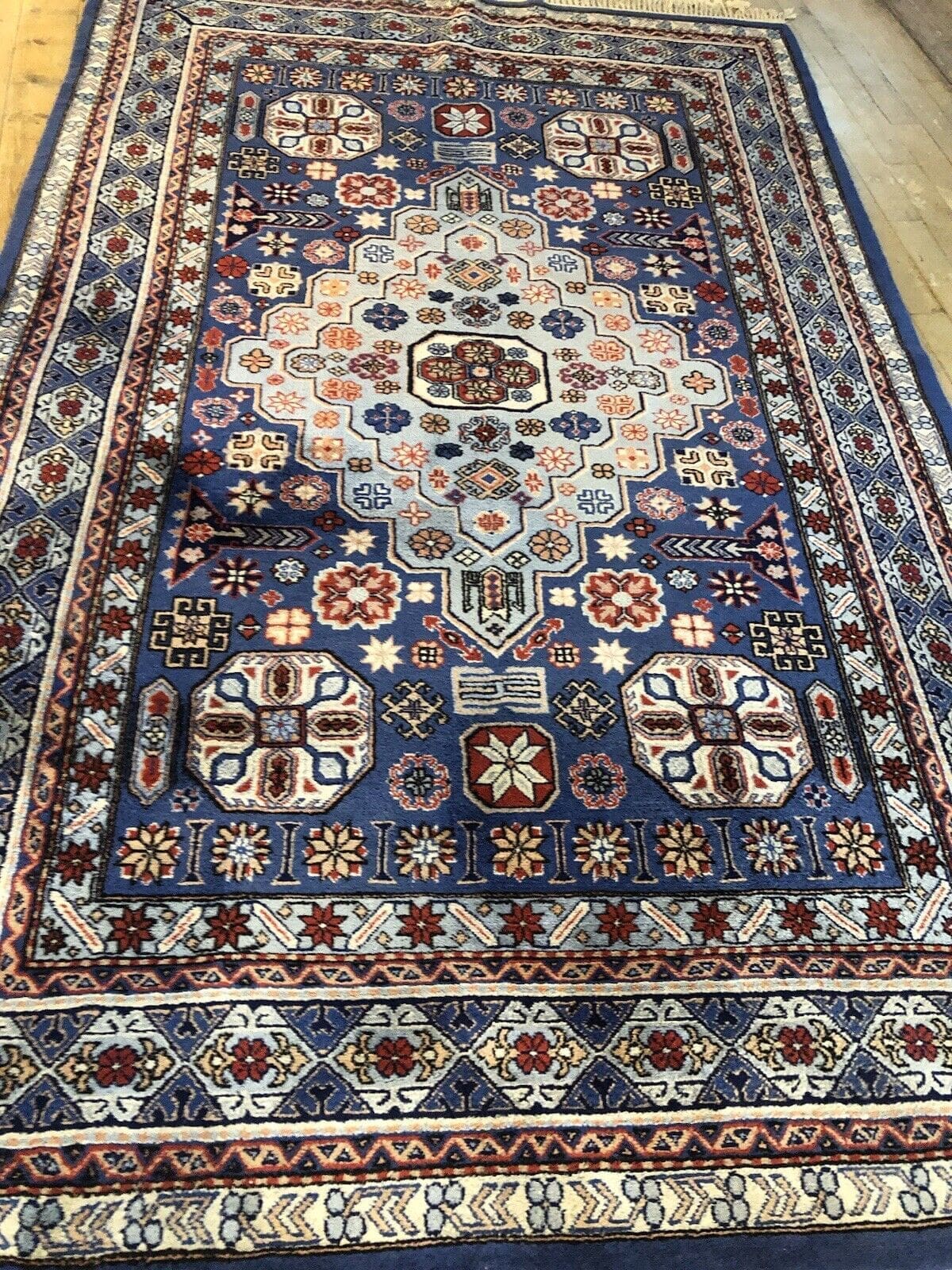 Hochwertiger handgeknüpfter Perserteppich 300x200 cm – Seltenes Kazak-Design aus dem frühen 20. Jahrhundert, Wolle, für Fußbodenheizung geeignet, elegant in Blau-Türkis,...