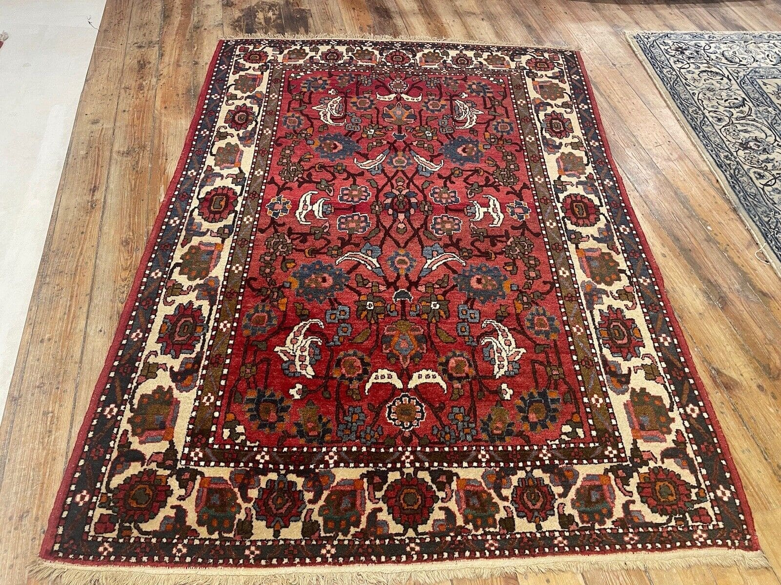 Antiker Esfahan Perserteppich 200x150 cm - Top Qualität im besten Zustand, schmale beige Bordüre, traditionelles Nomaden-Design, handgeknüpft, Perserteppich