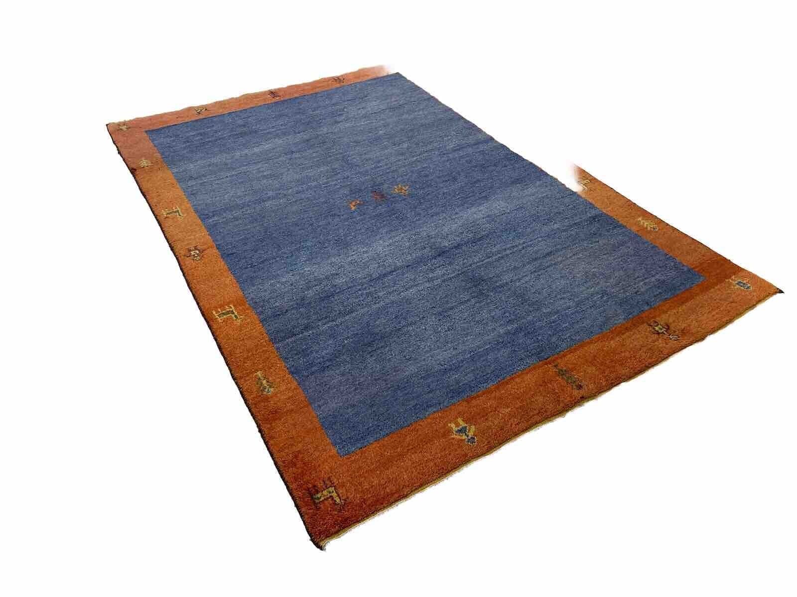 Klassischer Gabbeh Perserteppich 240x175 cm – Handgeknüpft, Hochwertige Wolle, Ideal für Fußbodenheizung, Zeitloses Blau und Orange – Handgeknüpft, Perserteppich