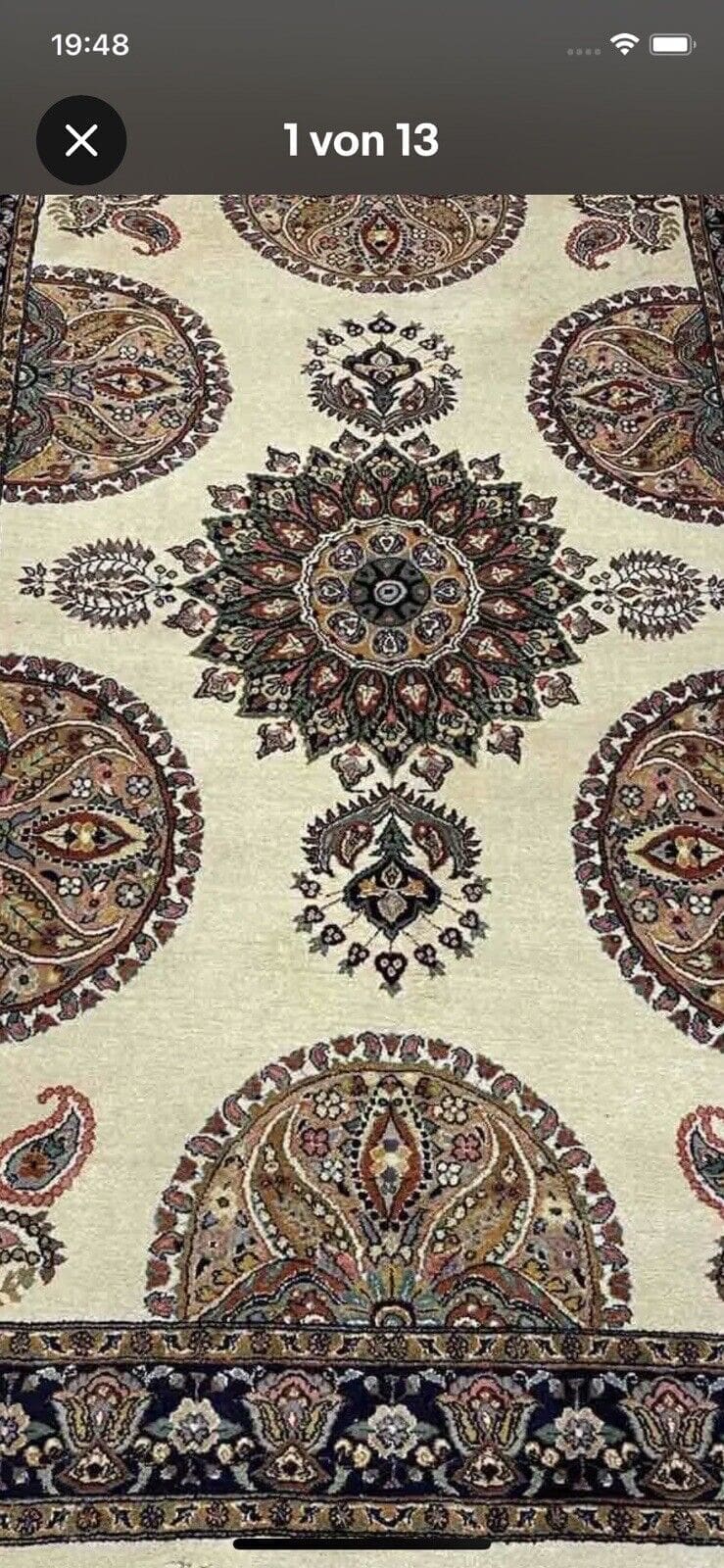 Original Kashmir Teppich 191x123 cm - Florales Design mit Medallion und dekorierten Ecken, beige Bordüre, extra fein, handgeknüpft, Perserteppich