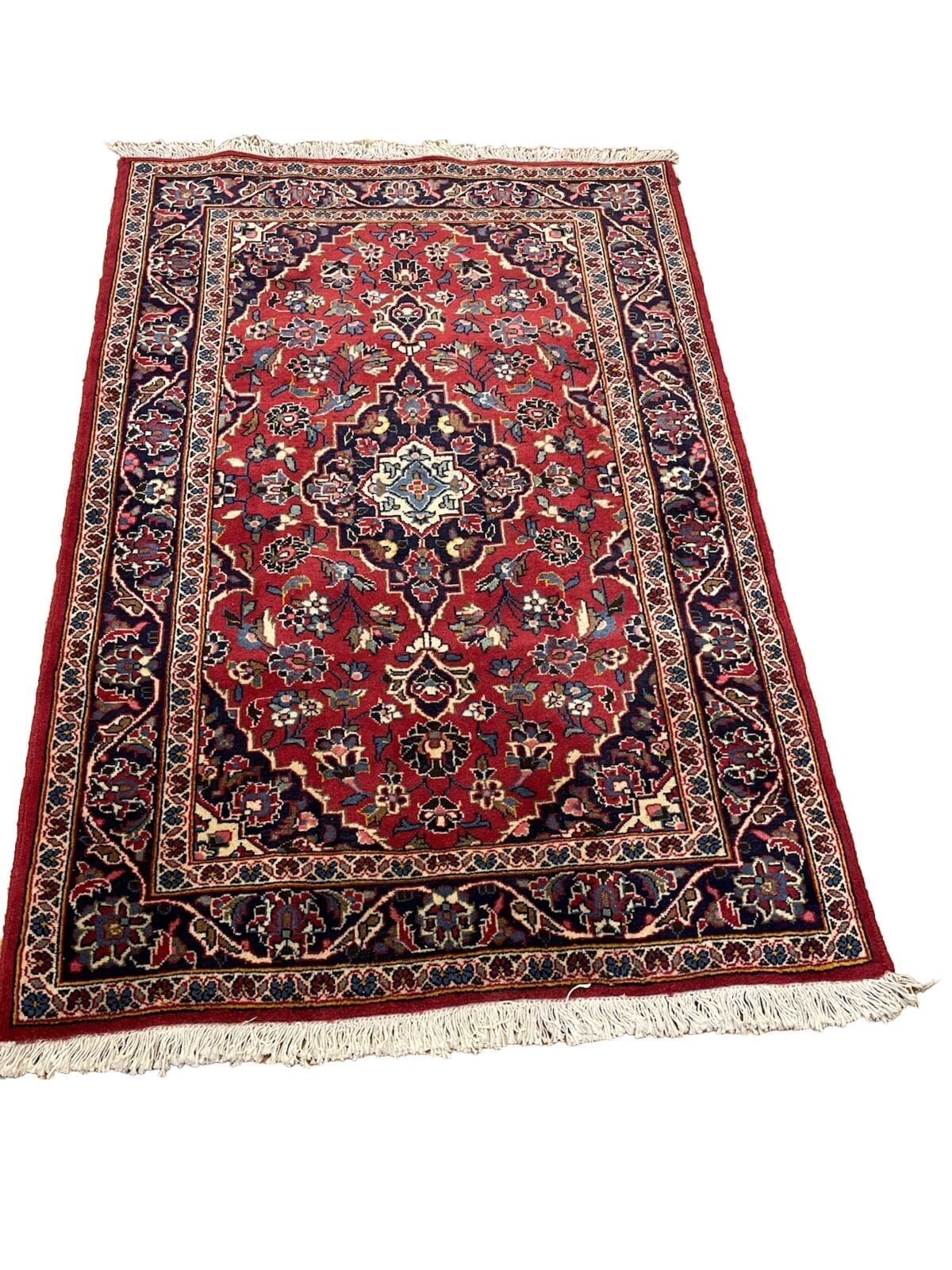 Perserteppich 150x100 cm – Antik Goltogh/Bigar mit schönem Medallion, rustikaler beige Bordüre, traditionelles Nomaden-Design, Florhöhe 5-9 mm, handgeknüpft